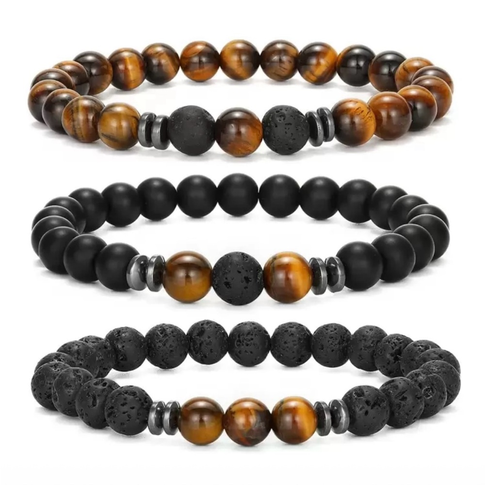 Tiger Eye and Black Bead Bracelet Set